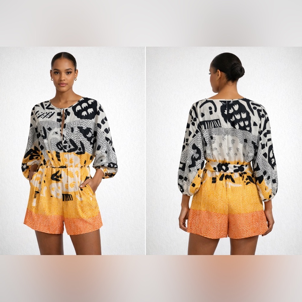 Diane von Furstenberg 100%Silk Abstract Print Romper Long Sleeve Resort vintage